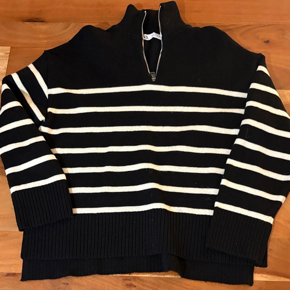 Zara Black and White Striped Half-Zip Sweater Medium